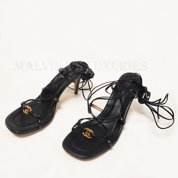 GUCCI SHOES INTERLOCKING G LOGO ANKLE TIE STRAPPY BLACK SANDALS sz 39.5 9.5 - Picture 11 of 15
